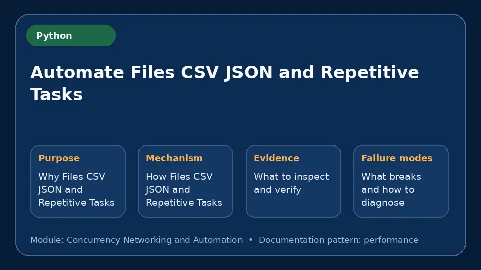 Concept map for Automate Files CSV JSON and Repetitive Tasks showing purpose, mechanism, verification evidence and failure modes.
