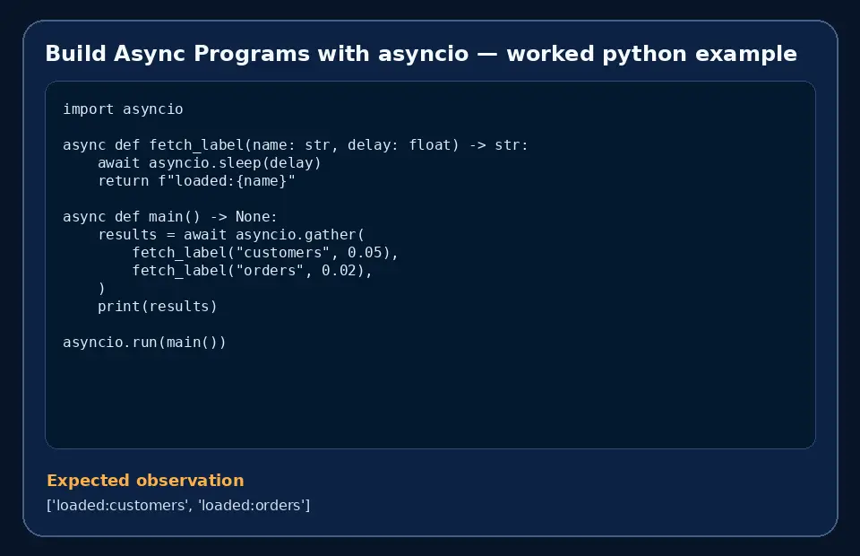 Code example for Build Async Programs with asyncio with the expected observation.