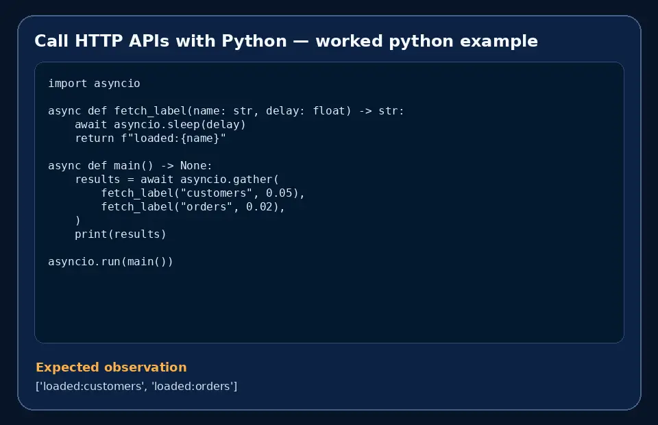 Code example for Call HTTP APIs with Python with the expected observation.