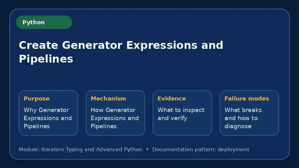 Concept map for Create Generator Expressions and Pipelines showing purpose, mechanism, verification evidence and failure modes.