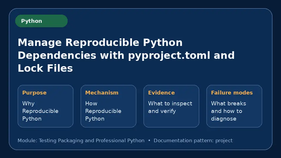 Concept map for Manage Reproducible Python Dependencies with pyproject.toml and Lock Files showing purpose, mechanism, verification evidence and failure modes.