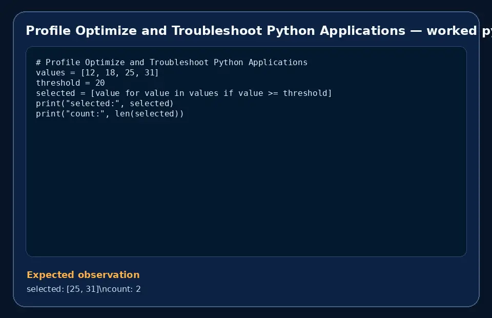 Code example for Profile Optimize and Troubleshoot Python Applications with the expected observation.