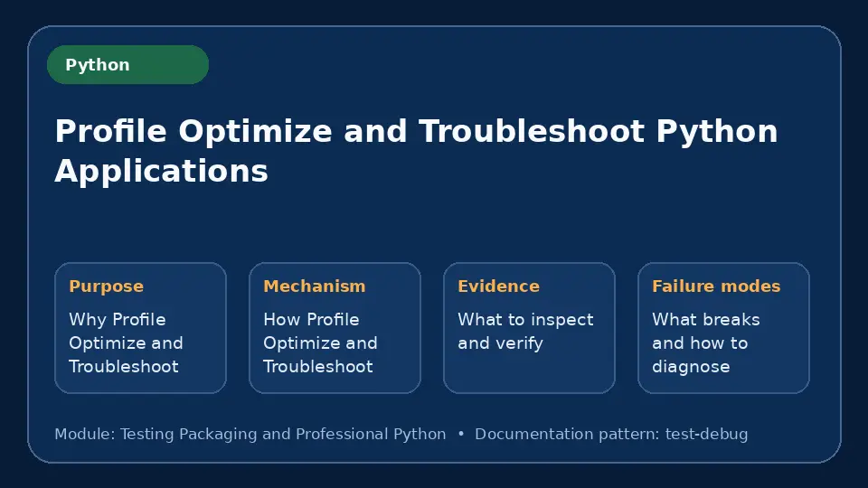Concept map for Profile Optimize and Troubleshoot Python Applications showing purpose, mechanism, verification evidence and failure modes.