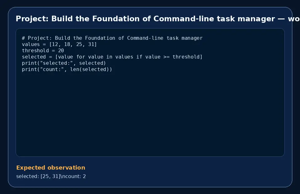 Code example for Project: Build the Foundation of Command-line task manager with the expected observation.