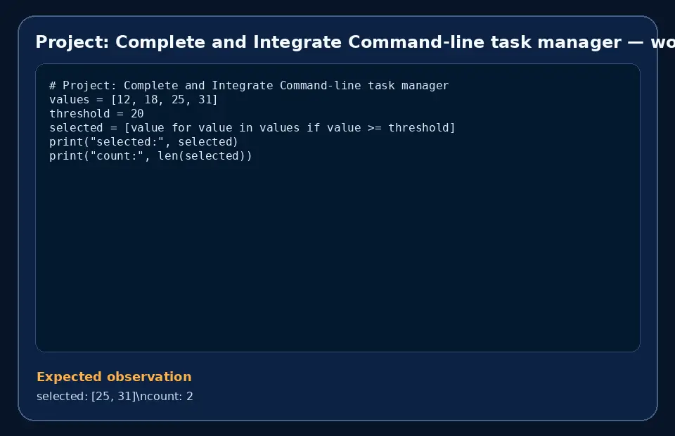 Code example for Project: Complete and Integrate Command-line task manager with the expected observation.