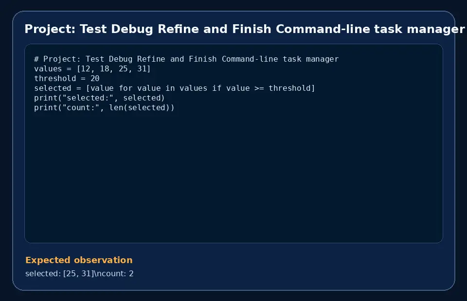Code example for Project: Test Debug Refine and Finish Command-line task manager with the expected observation.