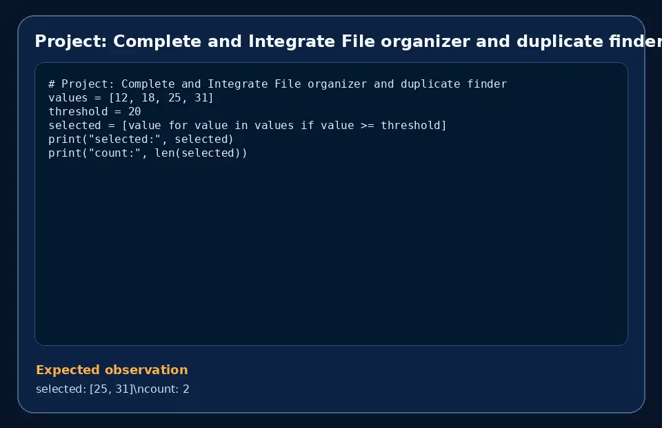 Code example for Project: Complete and Integrate File organizer and duplicate finder with the expected observation.
