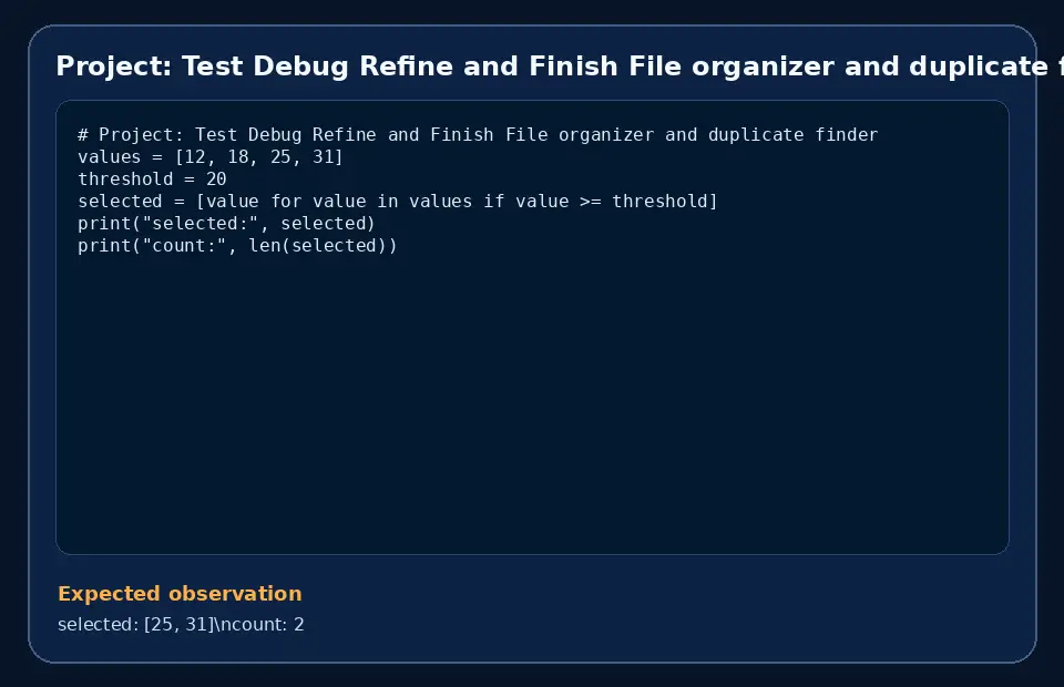 Code example for Project: Test Debug Refine and Finish File organizer and duplicate finder with the expected observation.