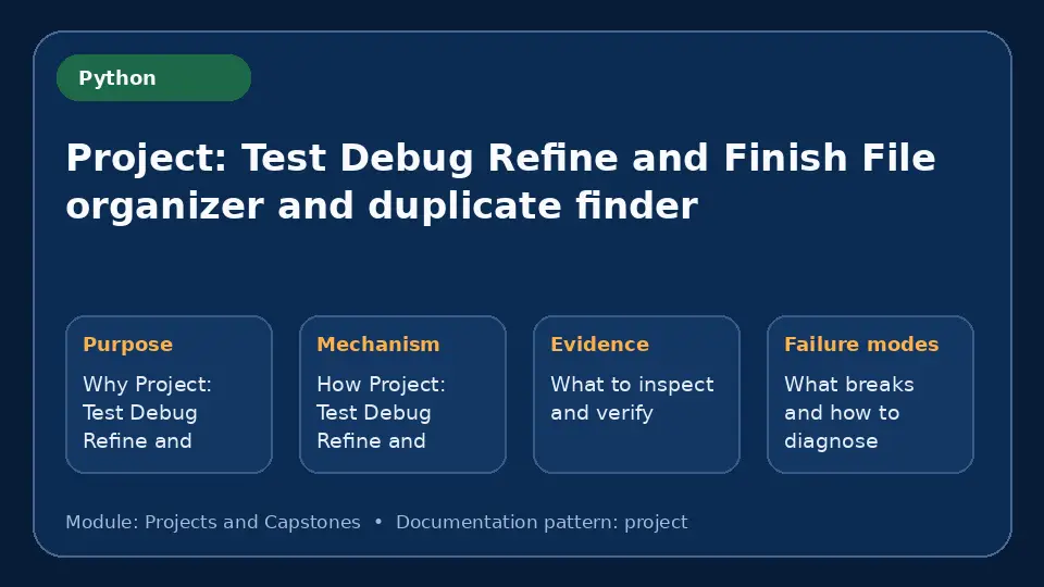 Concept map for Project: Test Debug Refine and Finish File organizer and duplicate finder showing purpose, mechanism, verification evidence and failure modes.
