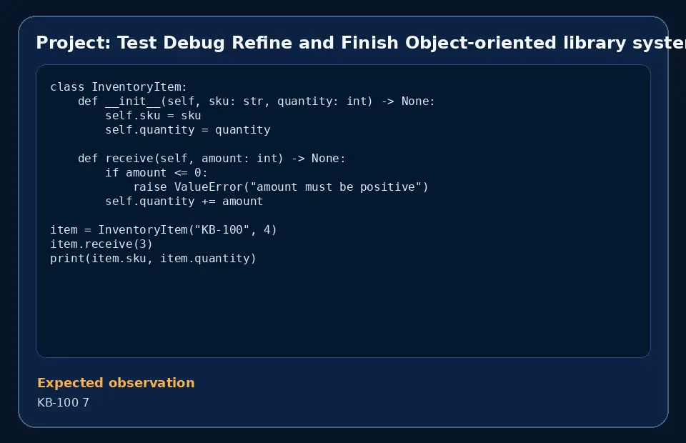 Code example for Project: Test Debug Refine and Finish Object-oriented library system with the expected observation.