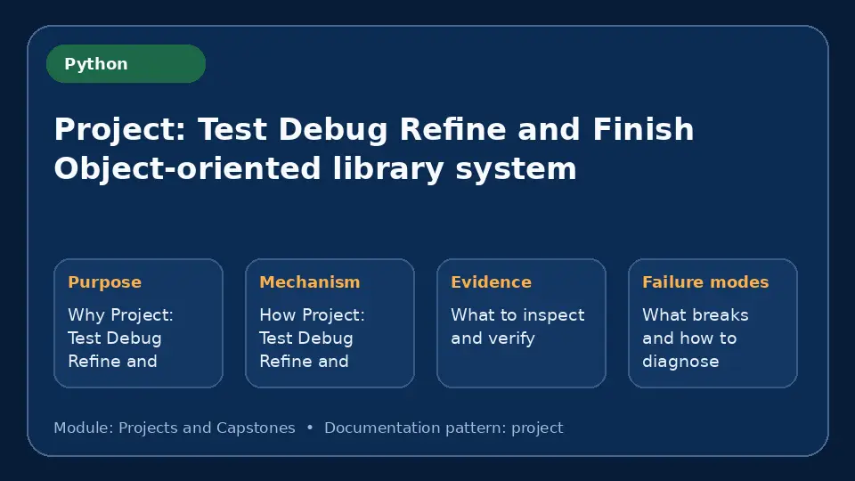 Concept map for Project: Test Debug Refine and Finish Object-oriented library system showing purpose, mechanism, verification evidence and failure modes.