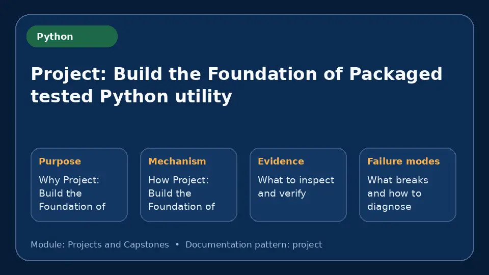 Concept map for Project: Build the Foundation of Packaged tested Python utility showing purpose, mechanism, verification evidence and failure modes.