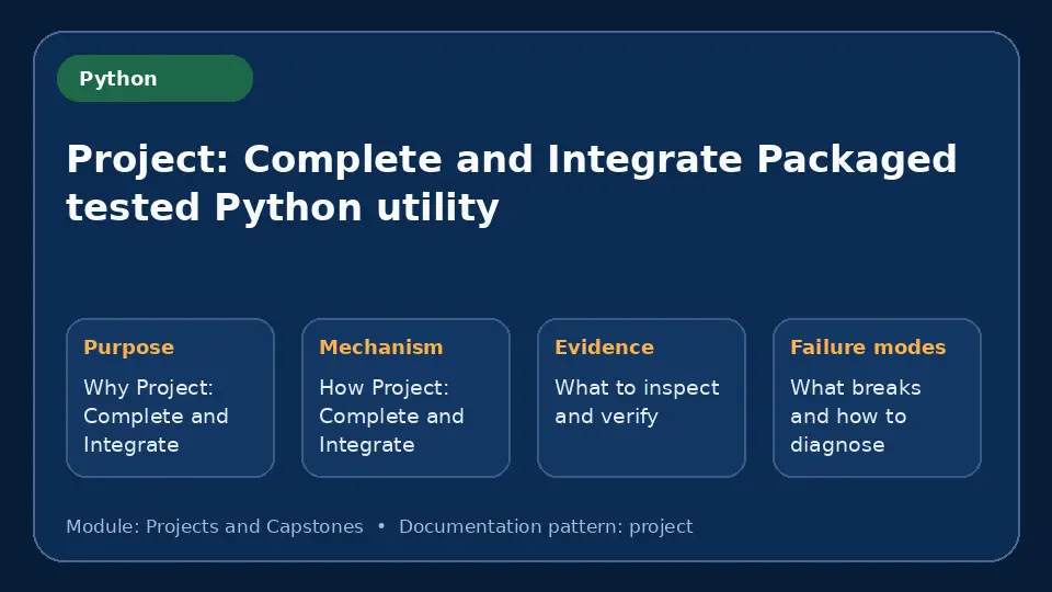Concept map for Project: Complete and Integrate Packaged tested Python utility showing purpose, mechanism, verification evidence and failure modes.