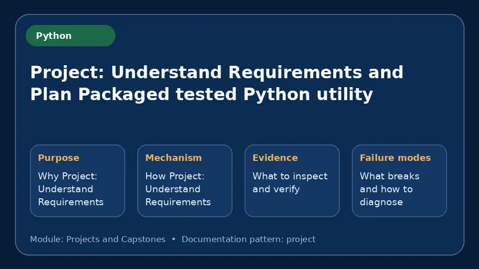 Concept map for Project: Understand Requirements and Plan Packaged tested Python utility showing purpose, mechanism, verification evidence and failure modes.