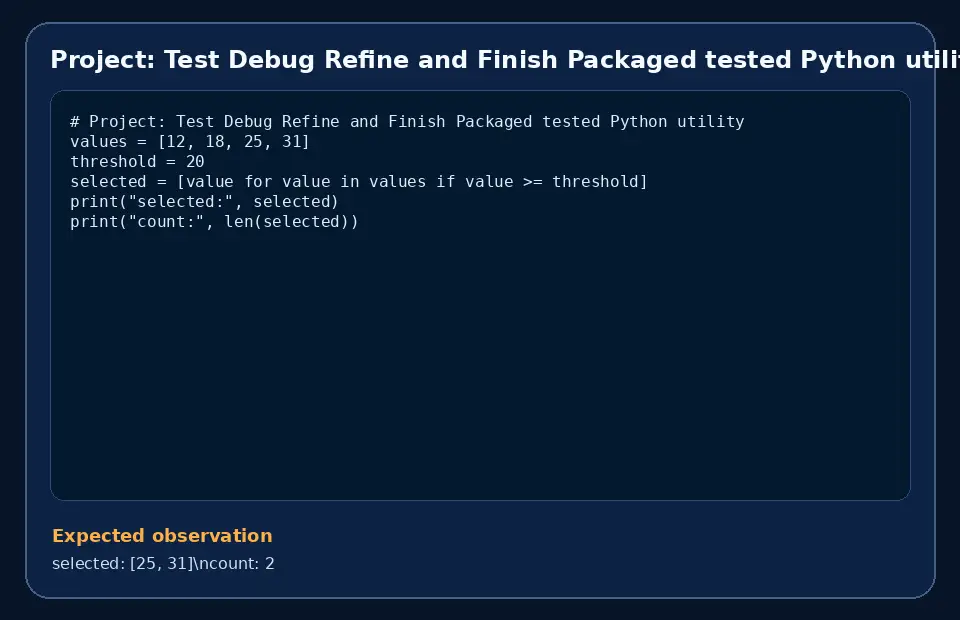 Code example for Project: Test Debug Refine and Finish Packaged tested Python utility with the expected observation.