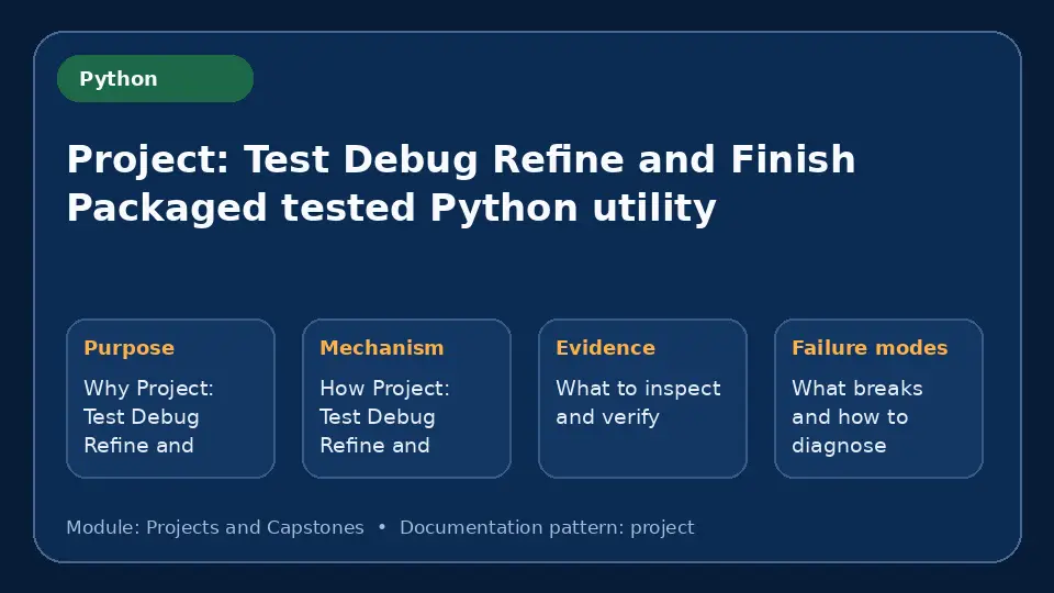 Concept map for Project: Test Debug Refine and Finish Packaged tested Python utility showing purpose, mechanism, verification evidence and failure modes.