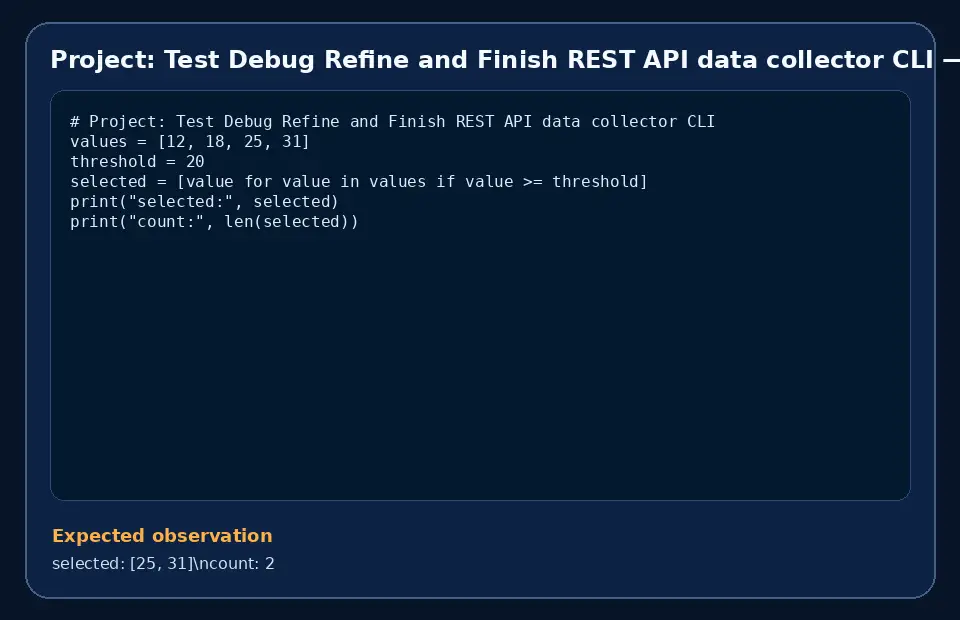 Code example for Project: Test Debug Refine and Finish REST API data collector CLI with the expected observation.
