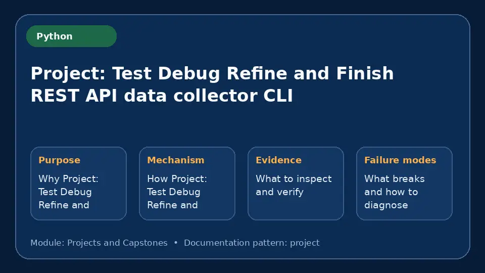 Concept map for Project: Test Debug Refine and Finish REST API data collector CLI showing purpose, mechanism, verification evidence and failure modes.