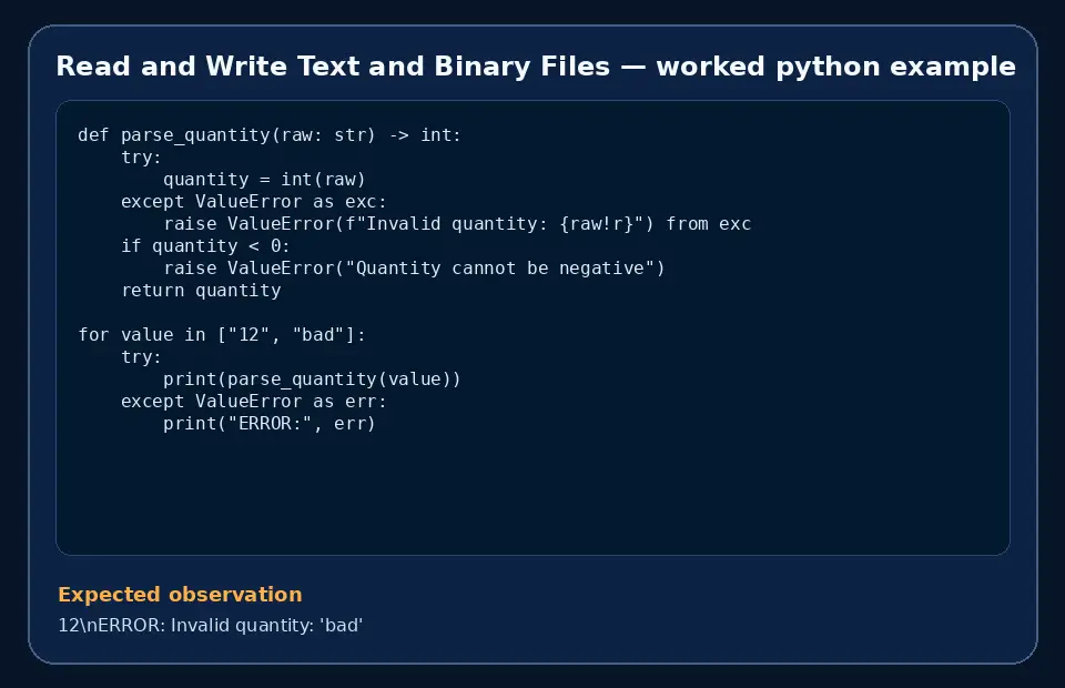 Code example for Read and Write Text and Binary Files with the expected observation.