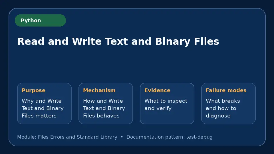 Concept map for Read and Write Text and Binary Files showing purpose, mechanism, verification evidence and failure modes.