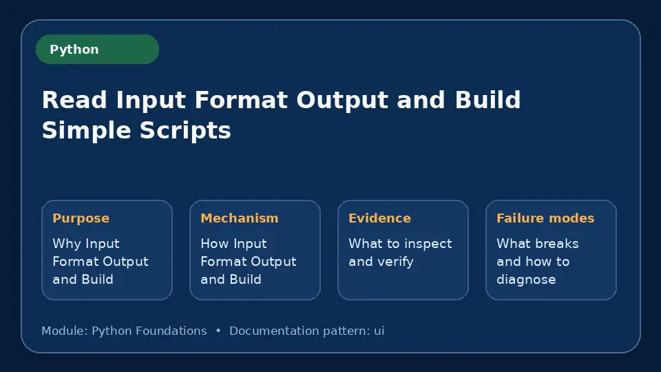 Concept map for Read Input Format Output and Build Simple Scripts showing purpose, mechanism, verification evidence and failure modes.