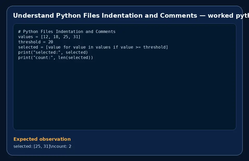 Code example for Understand Python Files Indentation and Comments with the expected observation.