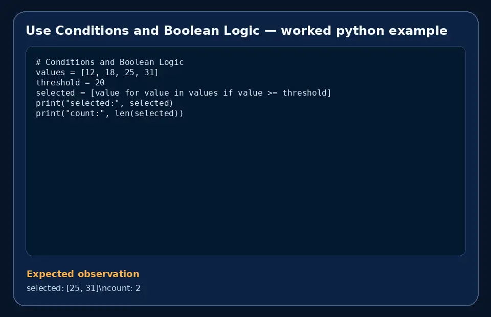 Code example for Use Conditions and Boolean Logic with the expected observation.
