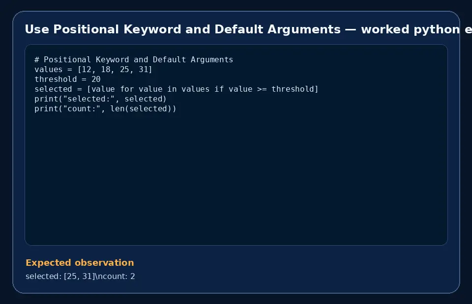 Code example for Use Positional Keyword and Default Arguments with the expected observation.