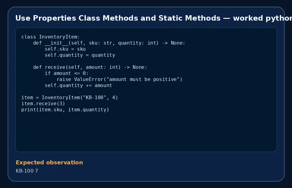 Code example for Use Properties Class Methods and Static Methods with the expected observation.