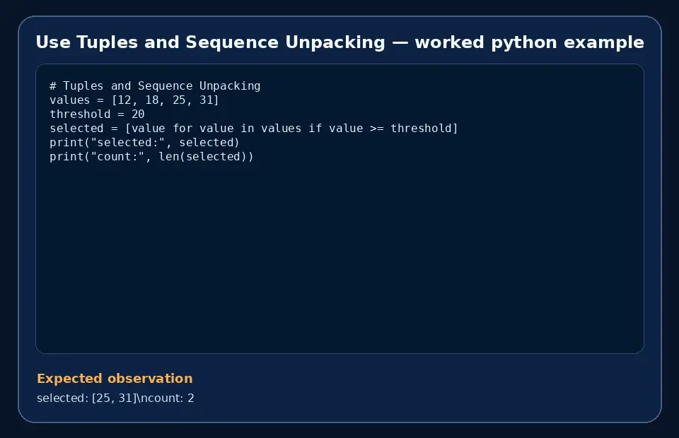 Code example for Use Tuples and Sequence Unpacking with the expected observation.
