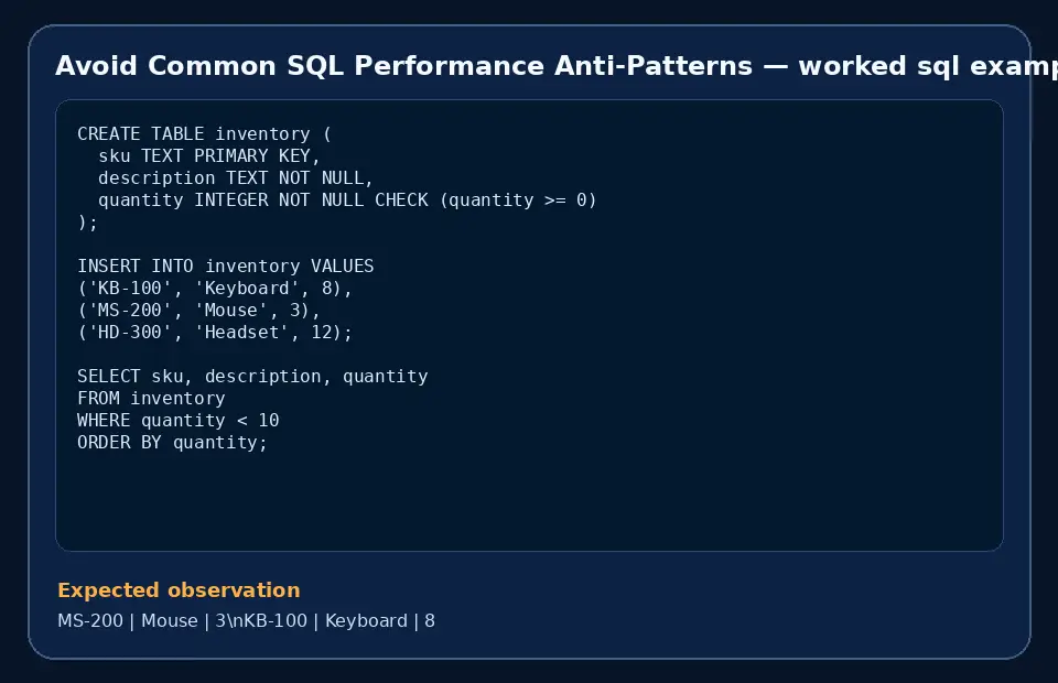 Code example for Avoid Common SQL Performance Anti-Patterns with the expected observation.