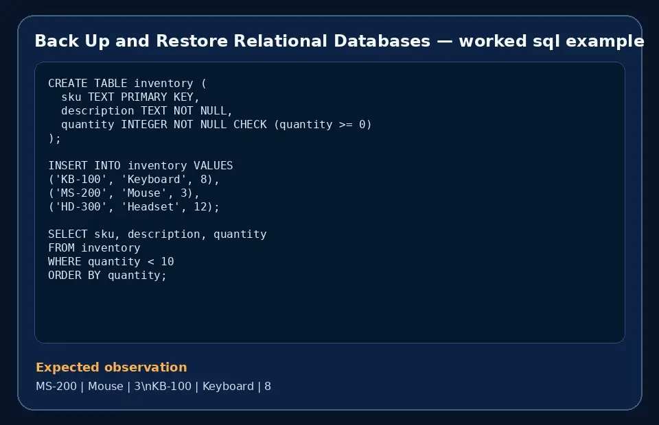 Code example for Back Up and Restore Relational Databases with the expected observation.