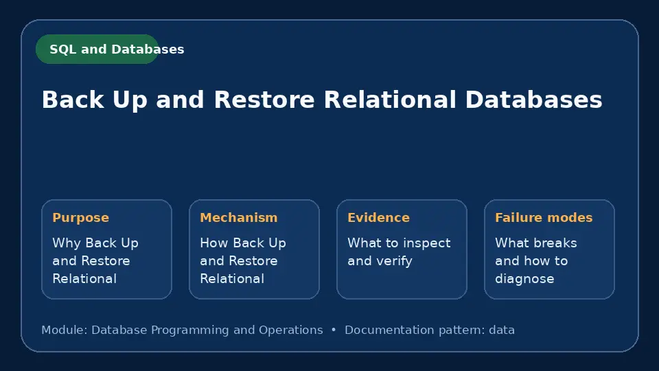 Concept map for Back Up and Restore Relational Databases showing purpose, mechanism, verification evidence and failure modes.