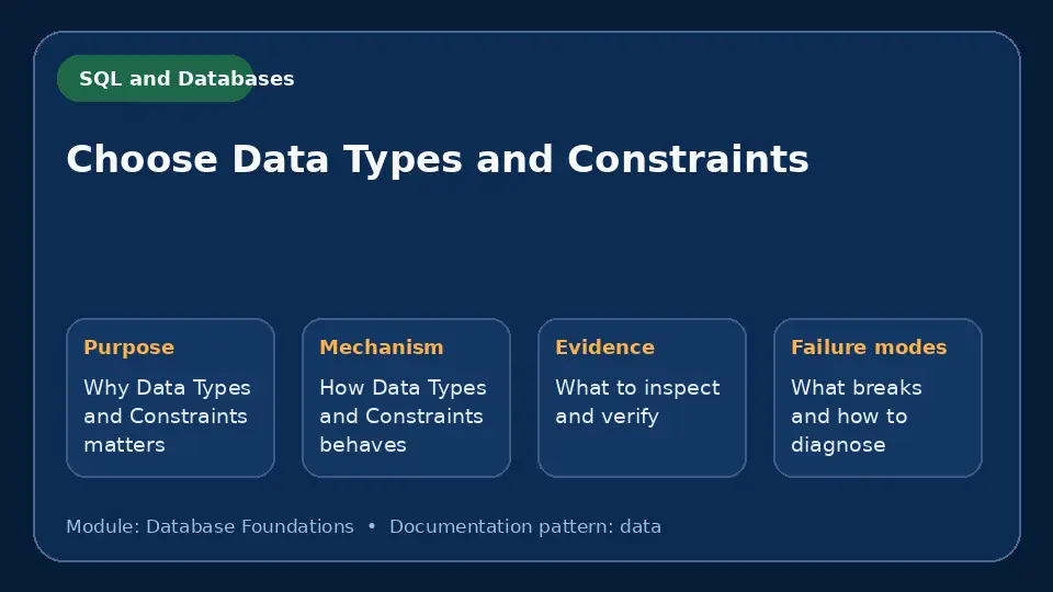 Concept map for Choose Data Types and Constraints showing purpose, mechanism, verification evidence and failure modes.