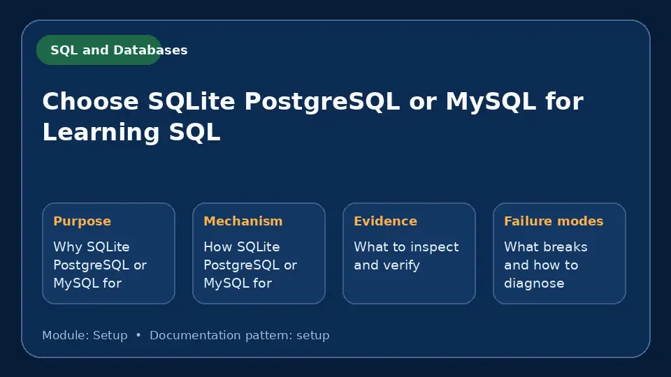 Concept map for Choose SQLite PostgreSQL or MySQL for Learning SQL showing purpose, mechanism, verification evidence and failure modes.