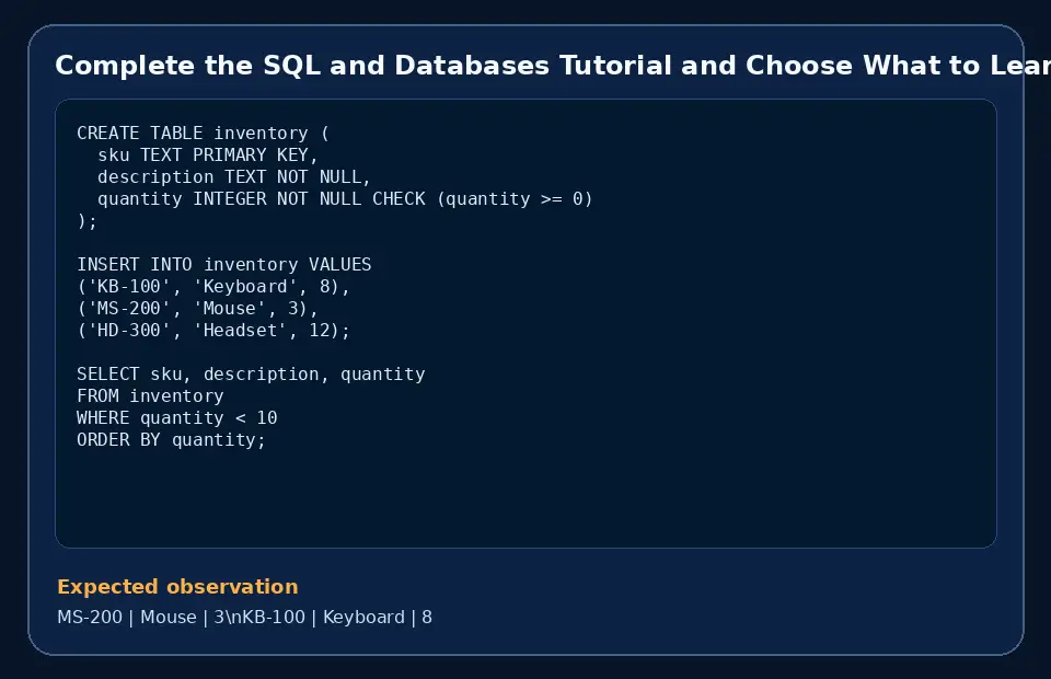 Code example for Complete the SQL and Databases Tutorial and Choose What to Learn Next with the expected observation.