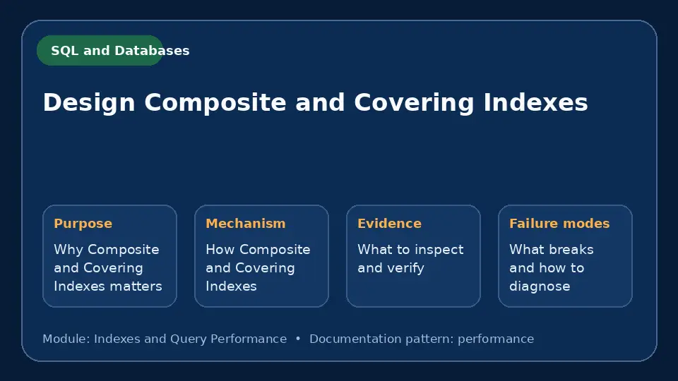 Concept map for Design Composite and Covering Indexes showing purpose, mechanism, verification evidence and failure modes.