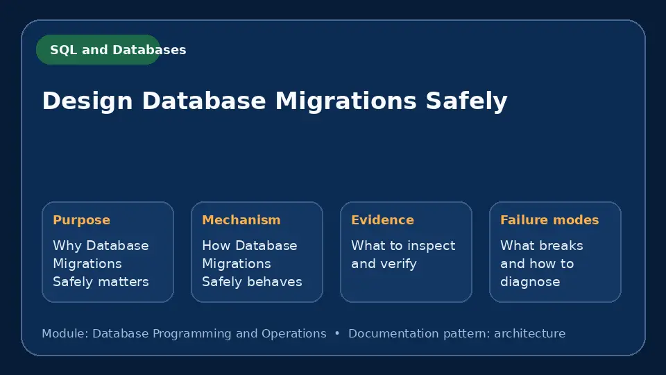 Concept map for Design Database Migrations Safely showing purpose, mechanism, verification evidence and failure modes.