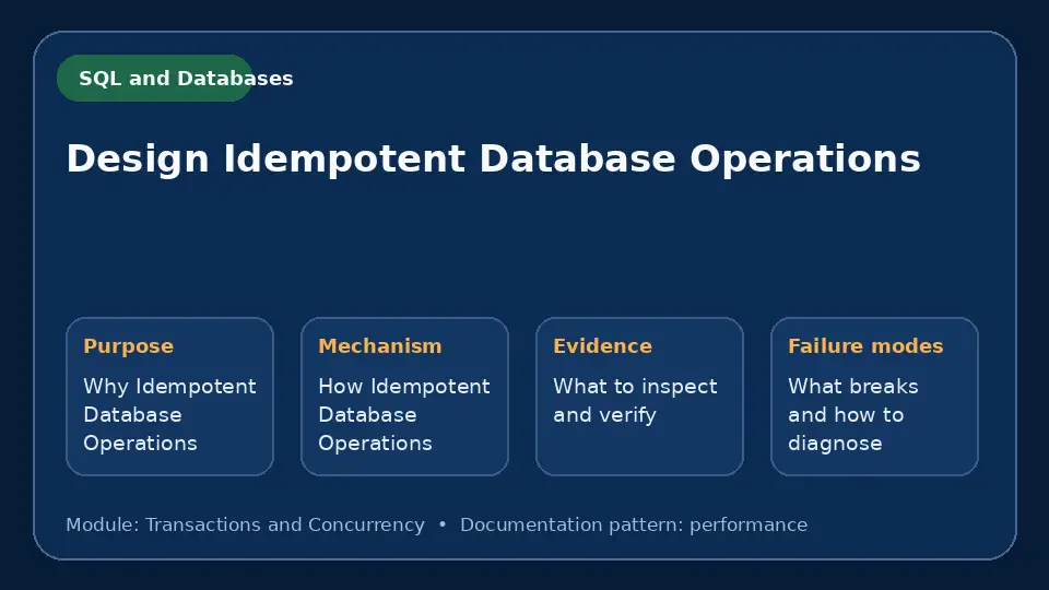 Concept map for Design Idempotent Database Operations showing purpose, mechanism, verification evidence and failure modes.