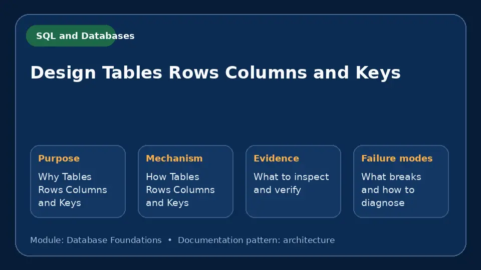 Concept map for Design Tables Rows Columns and Keys showing purpose, mechanism, verification evidence and failure modes.