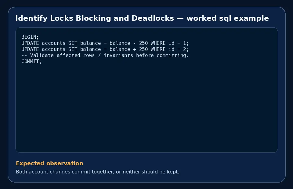 Code example for Identify Locks Blocking and Deadlocks with the expected observation.