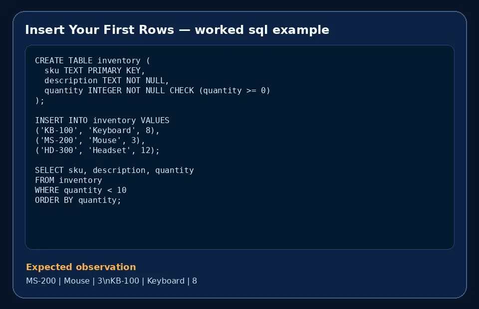 Code example for Insert Your First Rows with the expected observation.
