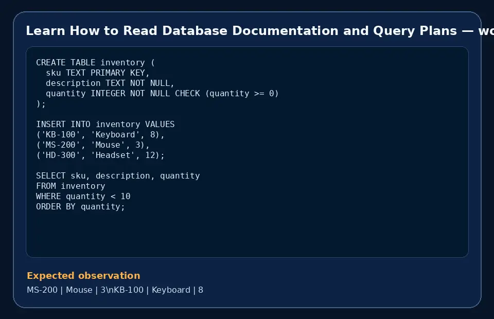Code example for Learn How to Read Database Documentation and Query Plans with the expected observation.