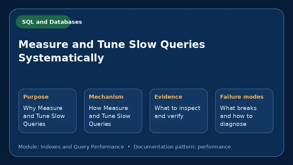 Concept map for Measure and Tune Slow Queries Systematically showing purpose, mechanism, verification evidence and failure modes.