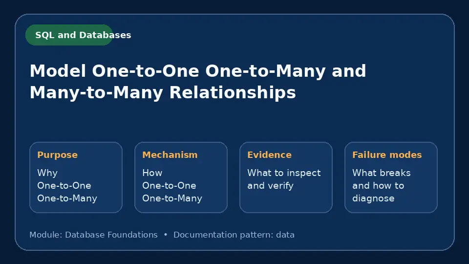 Concept map for Model One-to-One One-to-Many and Many-to-Many Relationships showing purpose, mechanism, verification evidence and failure modes.