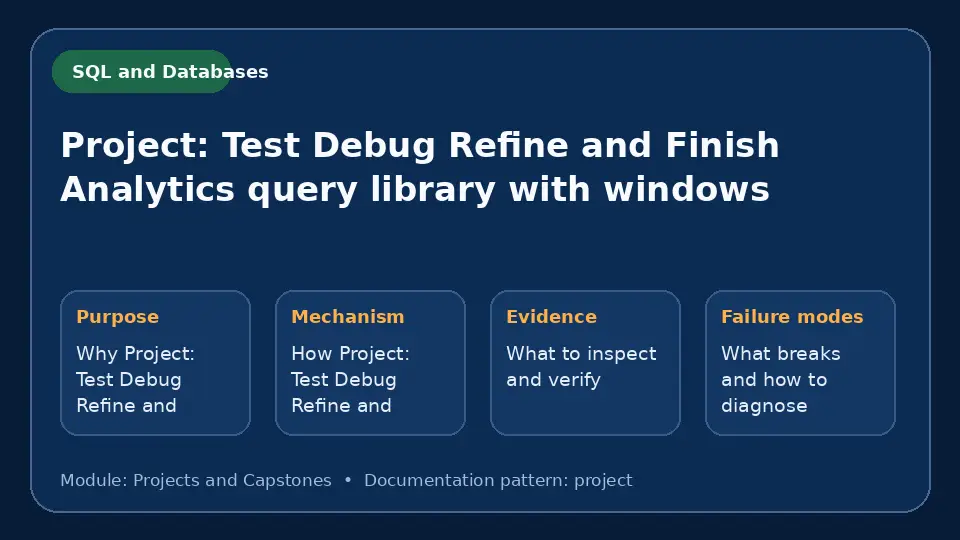 Concept map for Project: Test Debug Refine and Finish Analytics query library with windows showing purpose, mechanism, verification evidence and failure modes.