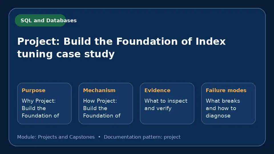 Concept map for Project: Build the Foundation of Index tuning case study showing purpose, mechanism, verification evidence and failure modes.