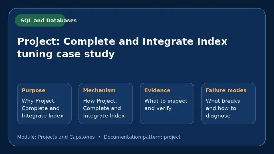 Concept map for Project: Complete and Integrate Index tuning case study showing purpose, mechanism, verification evidence and failure modes.