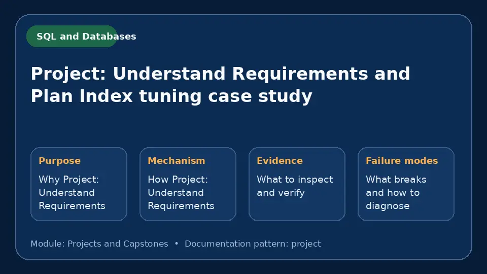 Concept map for Project: Understand Requirements and Plan Index tuning case study showing purpose, mechanism, verification evidence and failure modes.