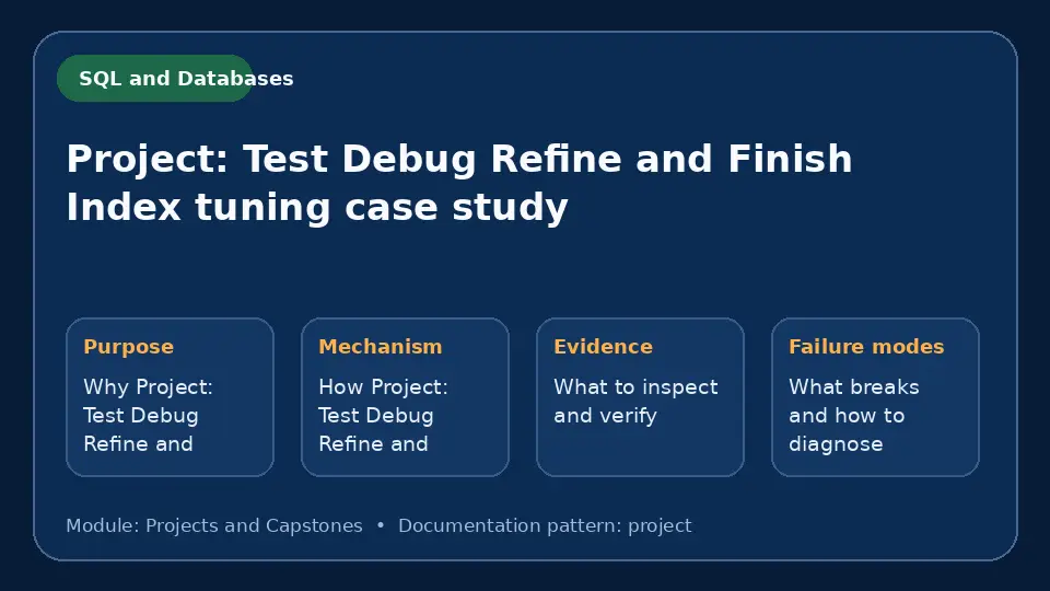 Concept map for Project: Test Debug Refine and Finish Index tuning case study showing purpose, mechanism, verification evidence and failure modes.